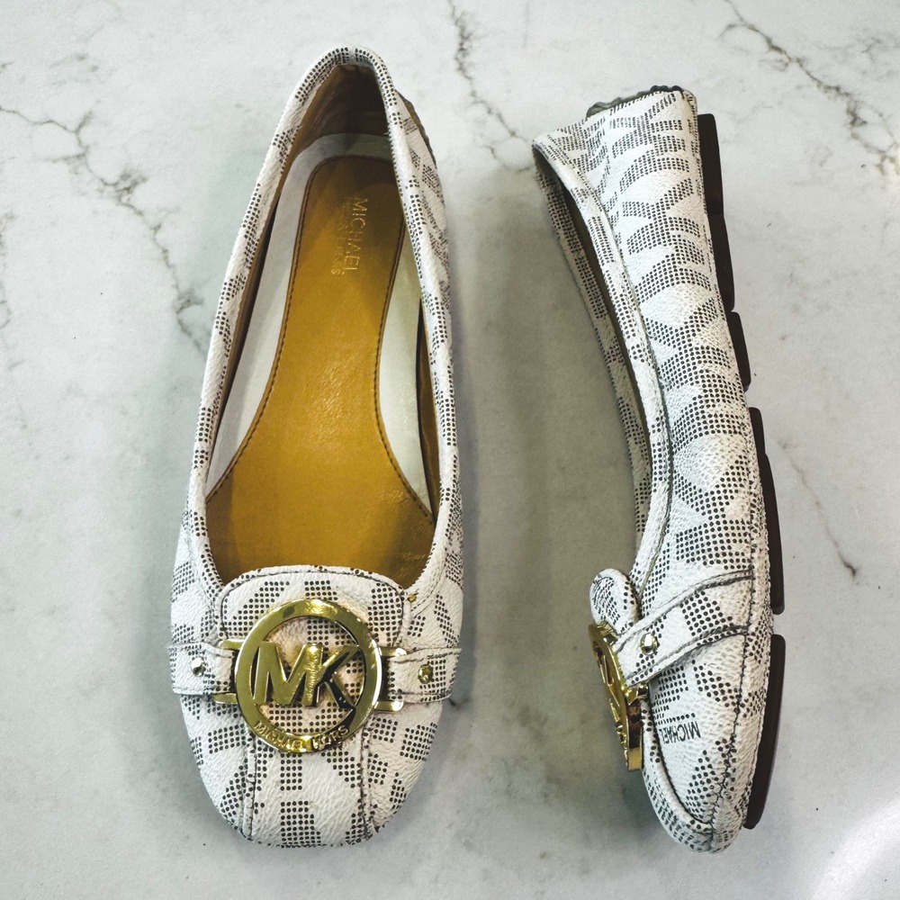 Michael Michael Kors Lillie Women 7 EU37 Cream Tan Ballet Flat MK Logo Monogram